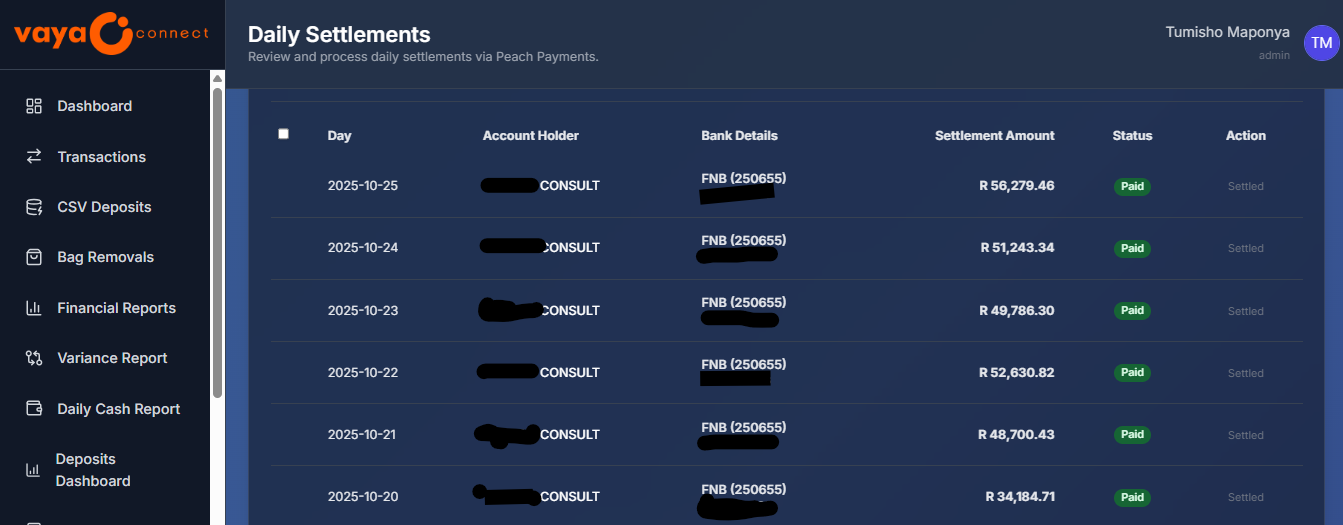 Vaya Connect Daily Settlements Screen